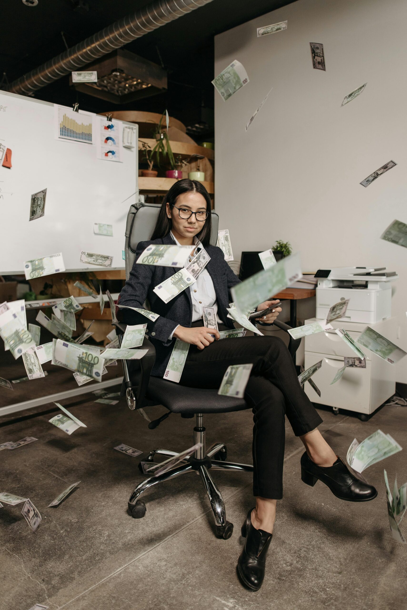 Visualisation for overconfidence: a woman sitting confidently in a chair, dollar bills raining from above